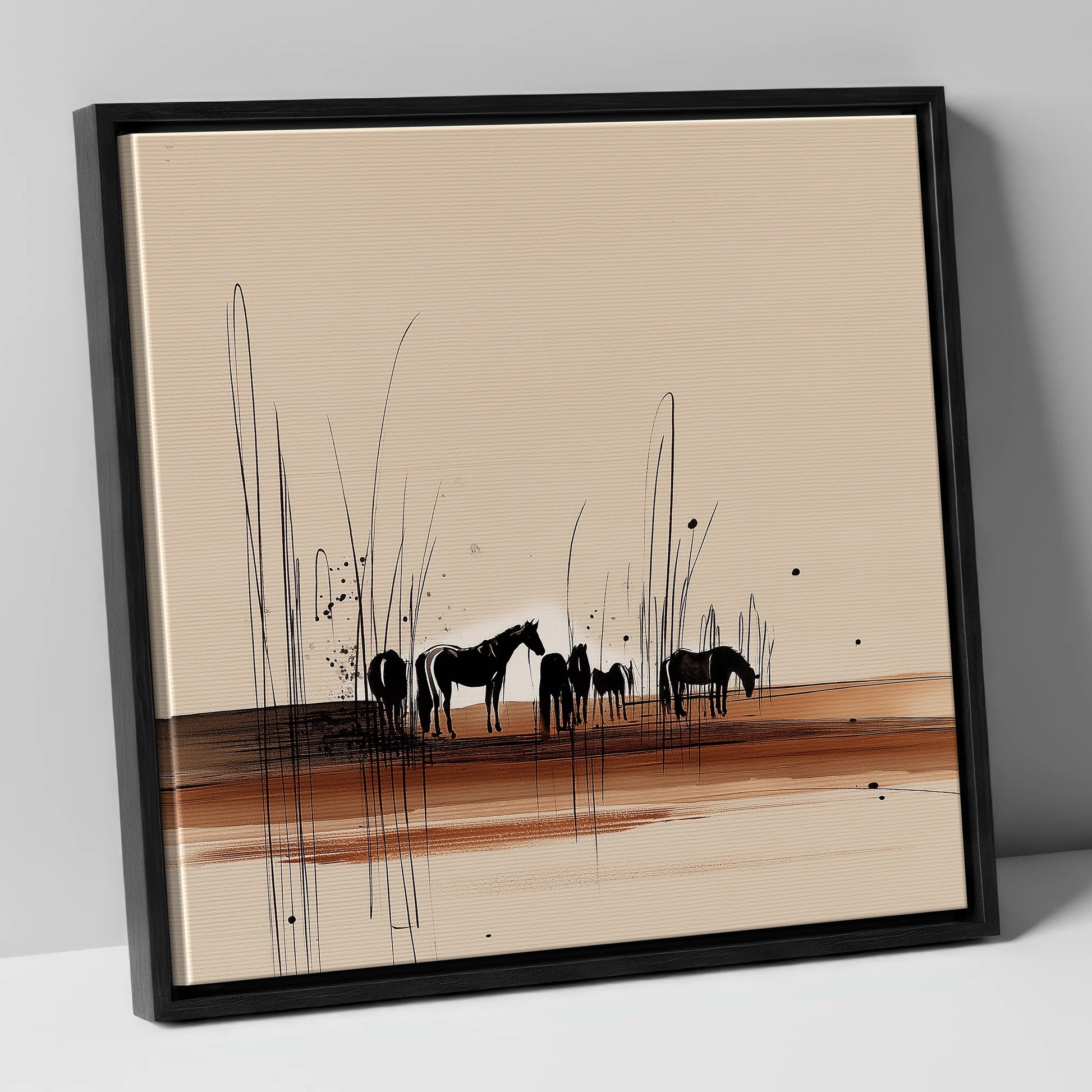 Whispers in the Reeds horse landscape canvas wall art in black frame