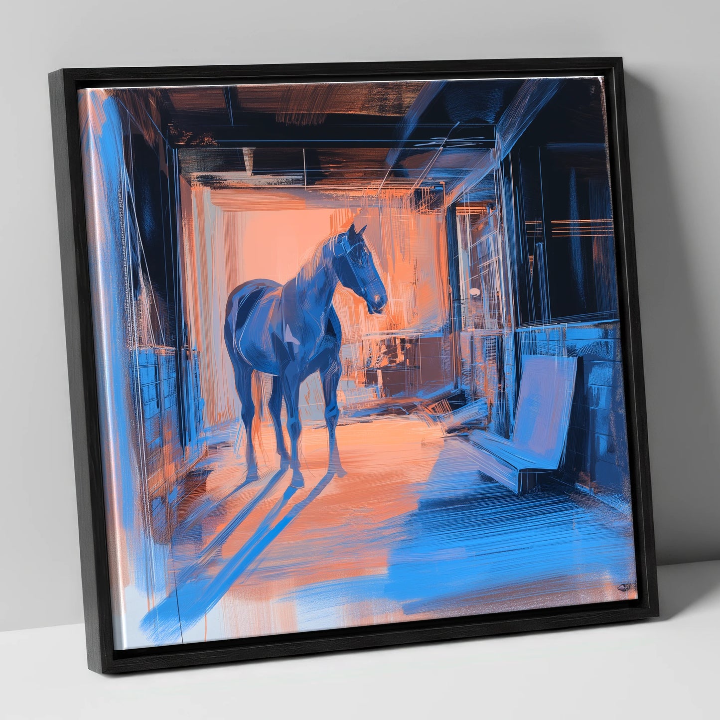 The Quiet Aisle horse stable canvas wall art in black frame