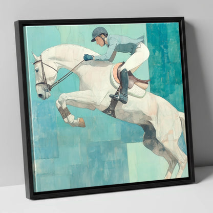 Airborne in Aquamarine show jumping horse canvas wall art in black frame