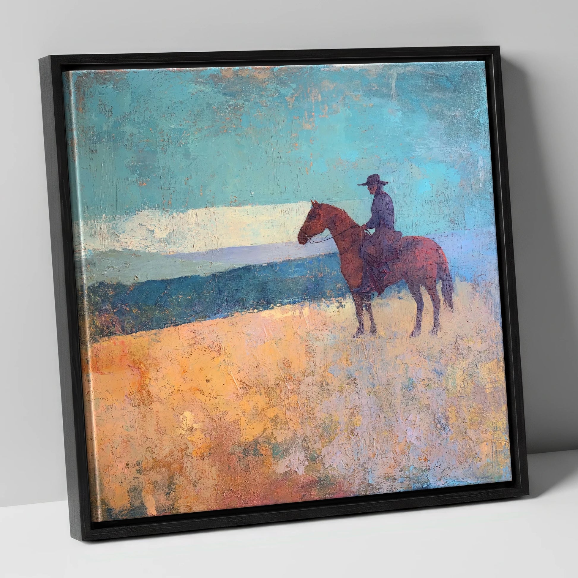 The Quiet Frontier western horse canvas wall art in black frame