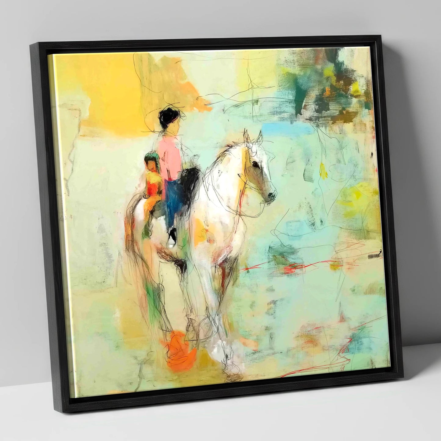 The Shared Ride horse & rider canvas wall art in black frame