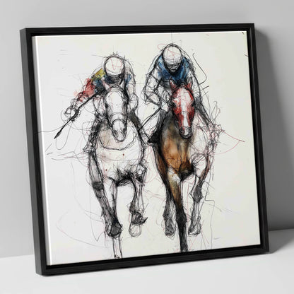 Neck and Neck racing horse canvas wall art in black frame