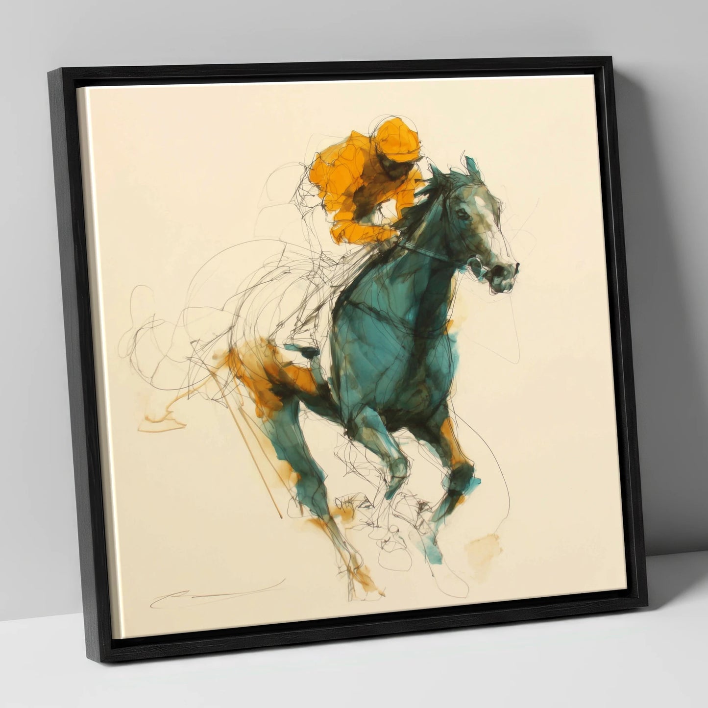 The Amber Surge racing horse canvas wall art in black frame