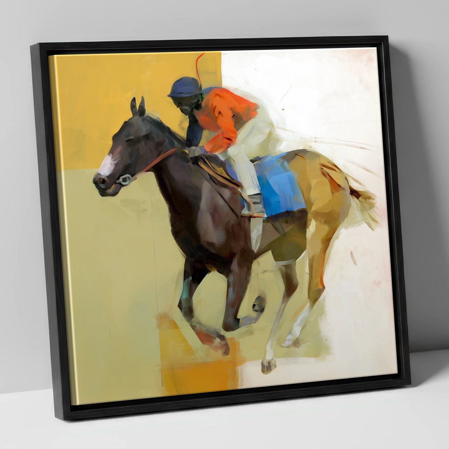 Full Stretch Momentum racing horse canvas wall art in black frame