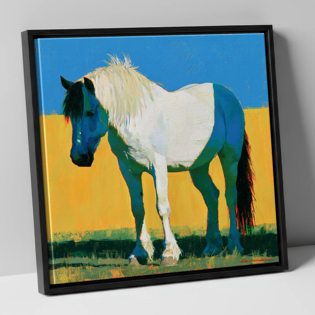 Bold Blue and White Cob horse breed canvas wall art in black frame
