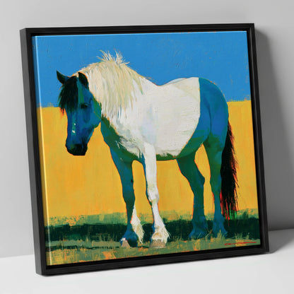 Bold Blue and White Cob horse breed canvas wall art in black frame
