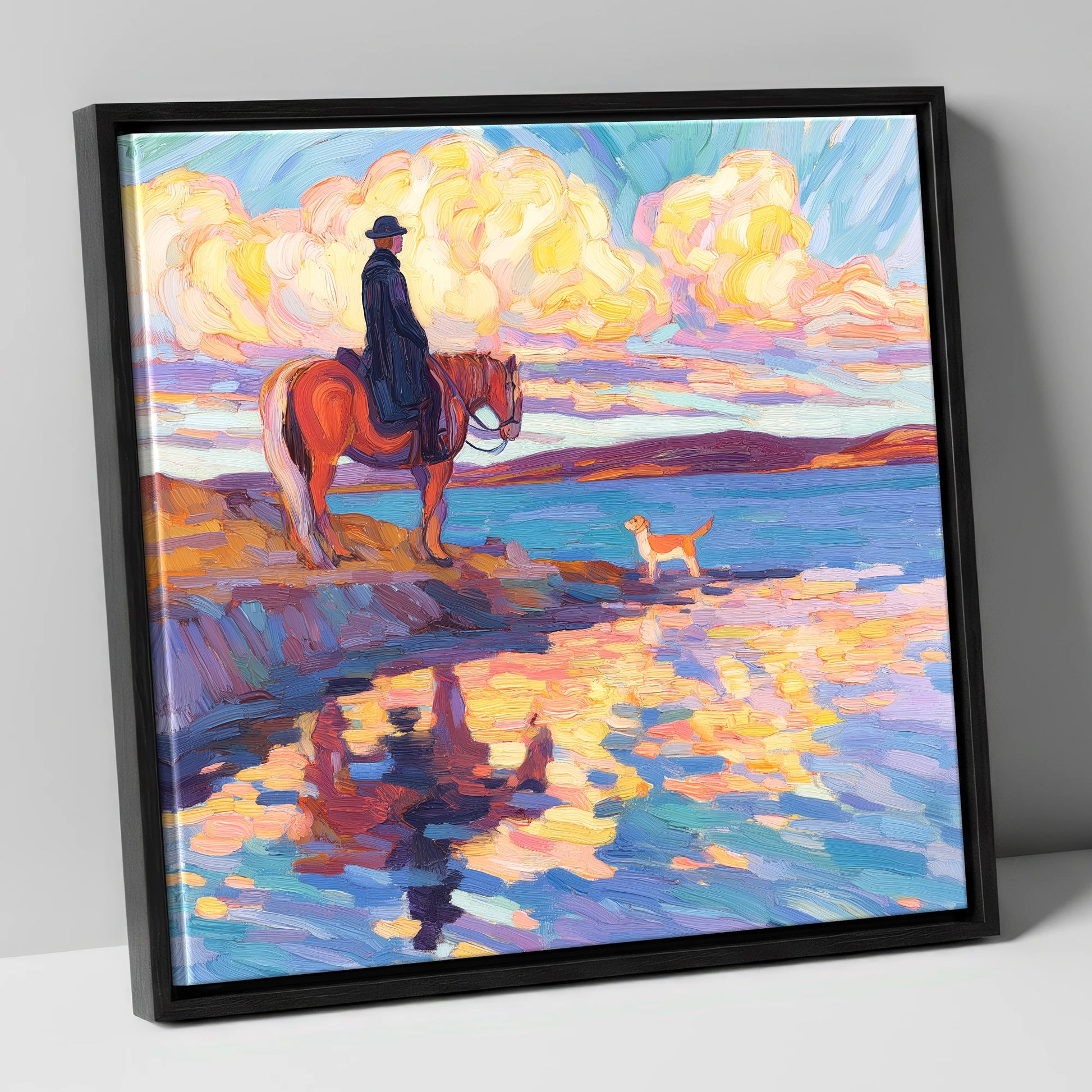 Evening Tide Halt beach horse canvas wall art in black frame