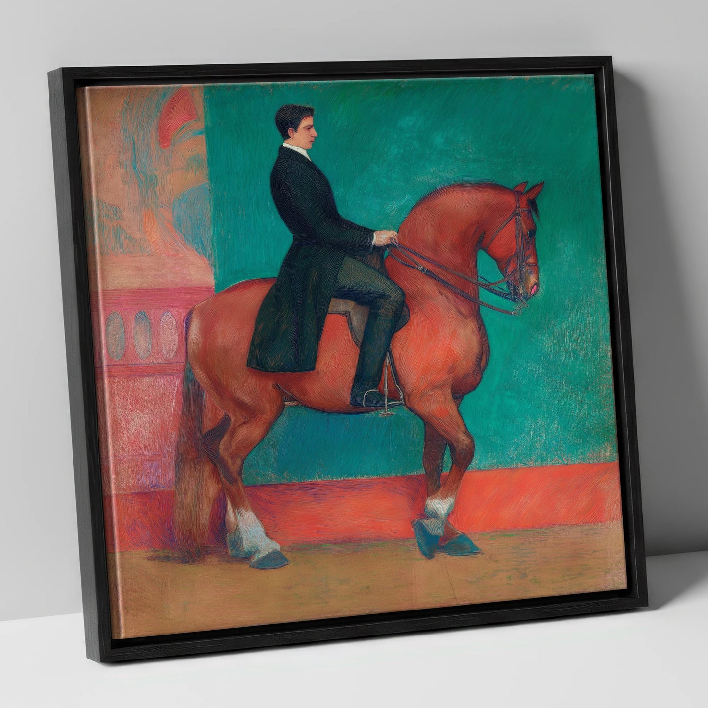 Collected Chestnut in Emerald dressage horse canvas wall art in black frame