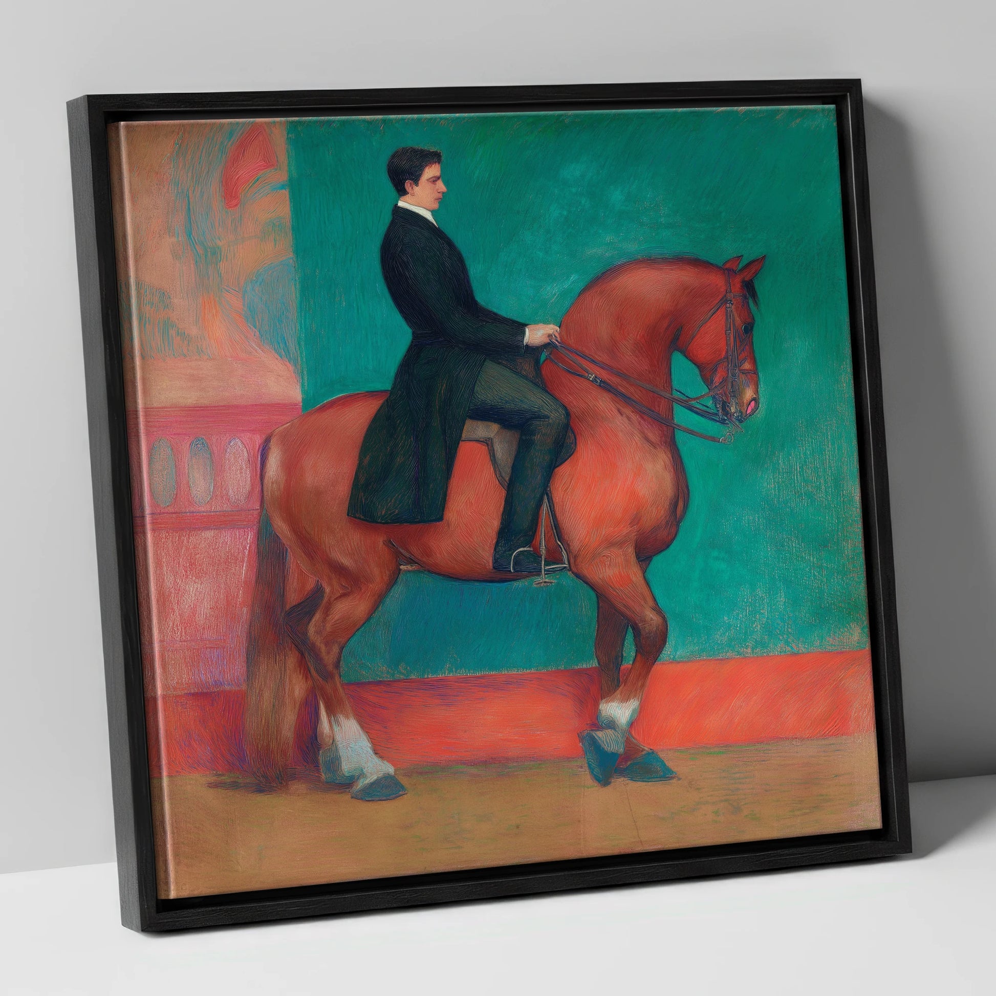 Collected Chestnut in Emerald dressage horse canvas wall art in black frame