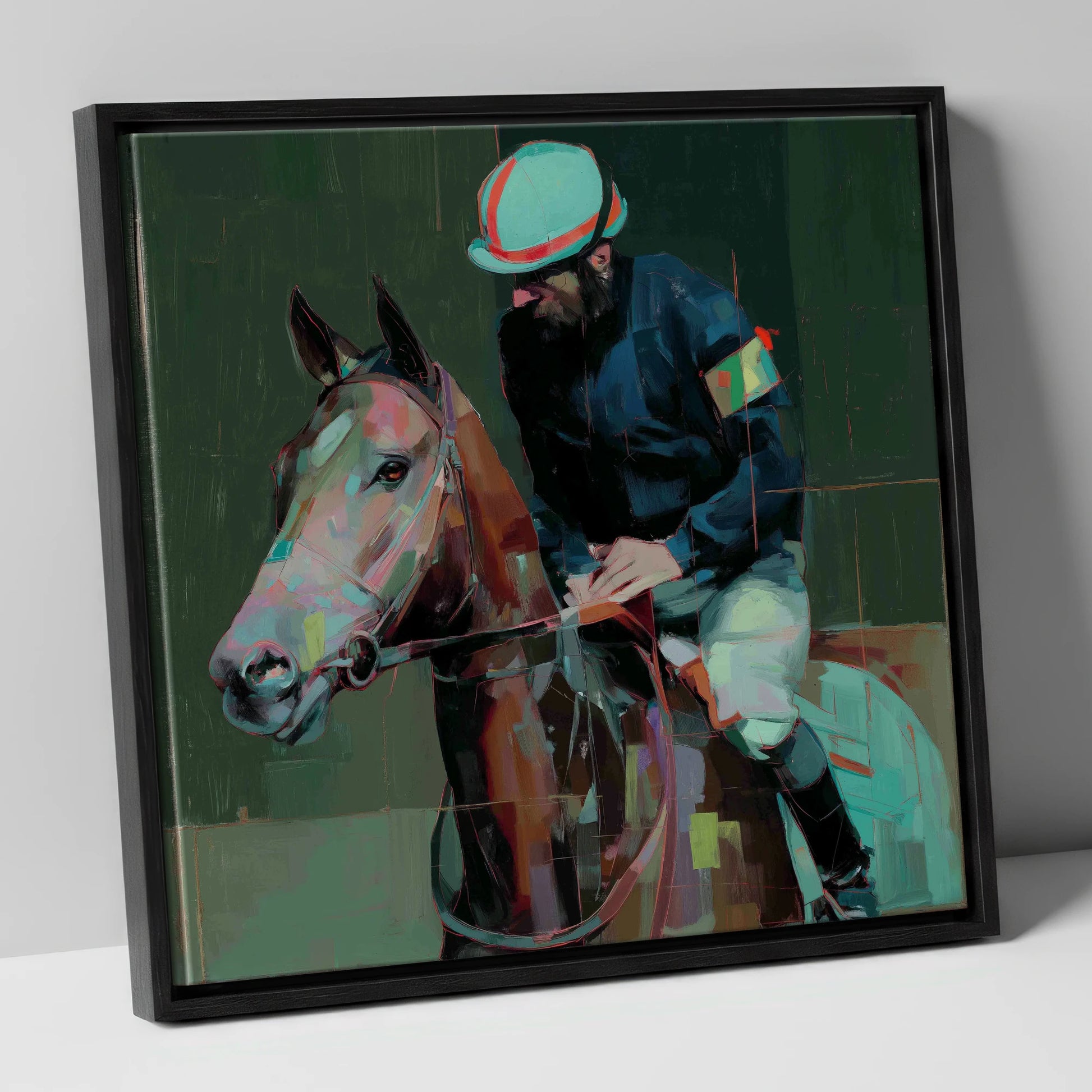 Quiet Intensity racing horse canvas wall art in black frame