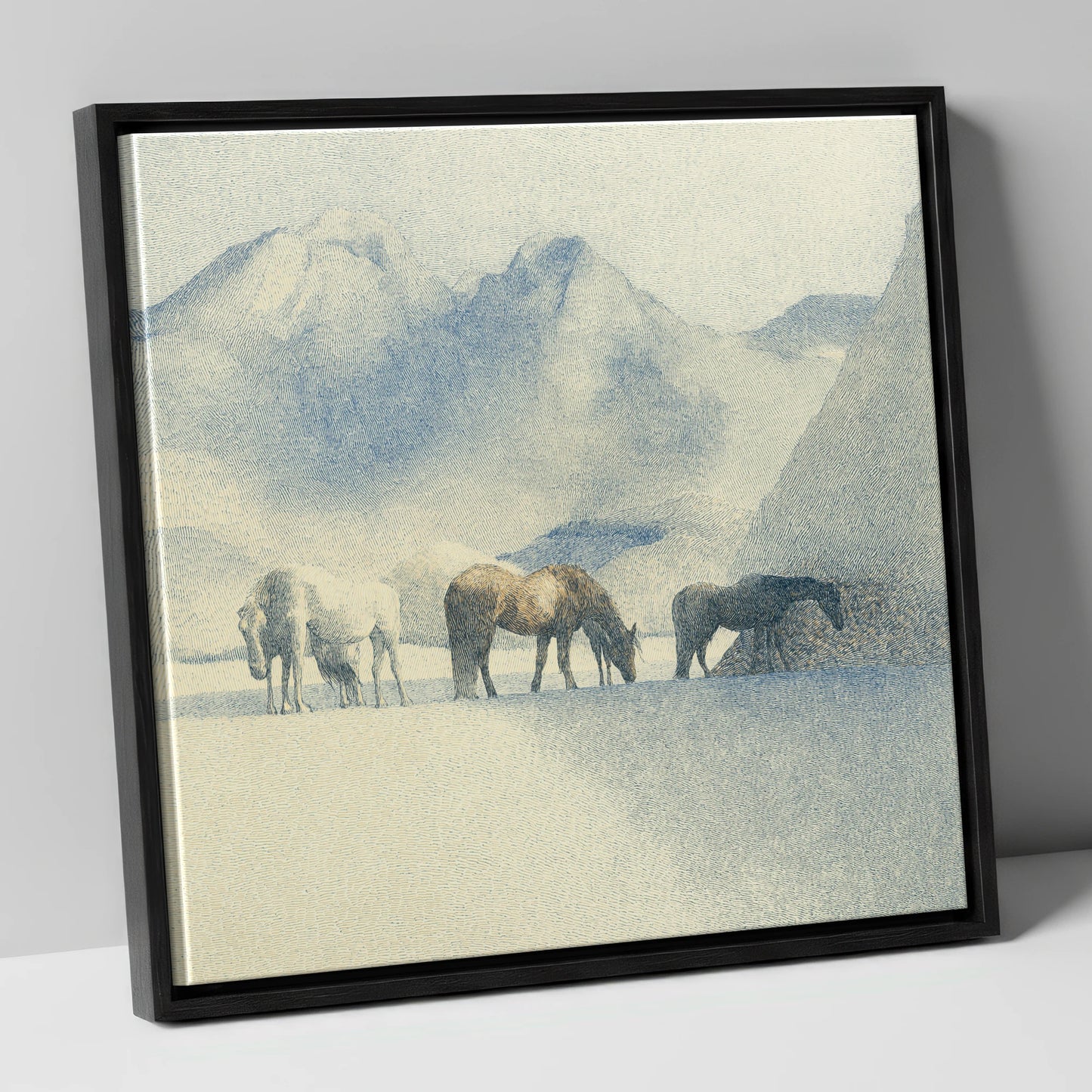 Tranquil Mountain Pasture horse landscape canvas wall art in black frame