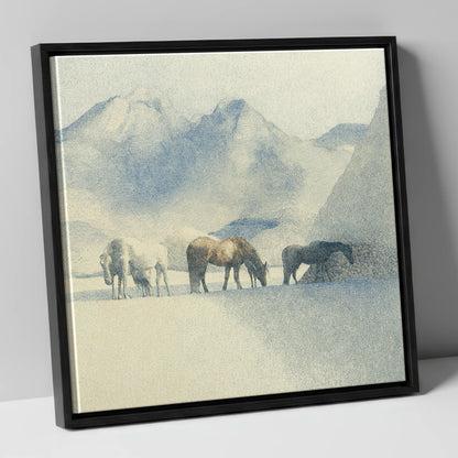 Tranquil Mountain Pasture horse landscape canvas wall art in black frame