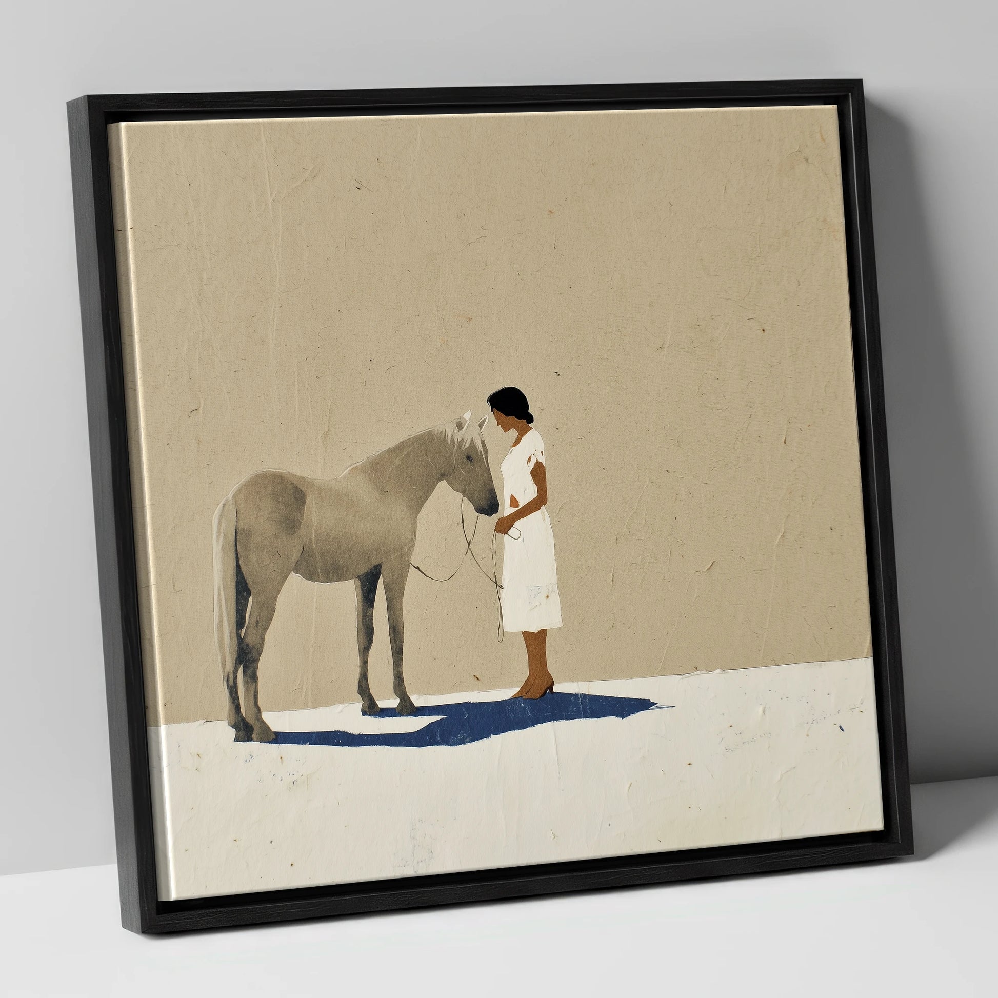 The Quiet Exchange horse & rider canvas wall art in black frame