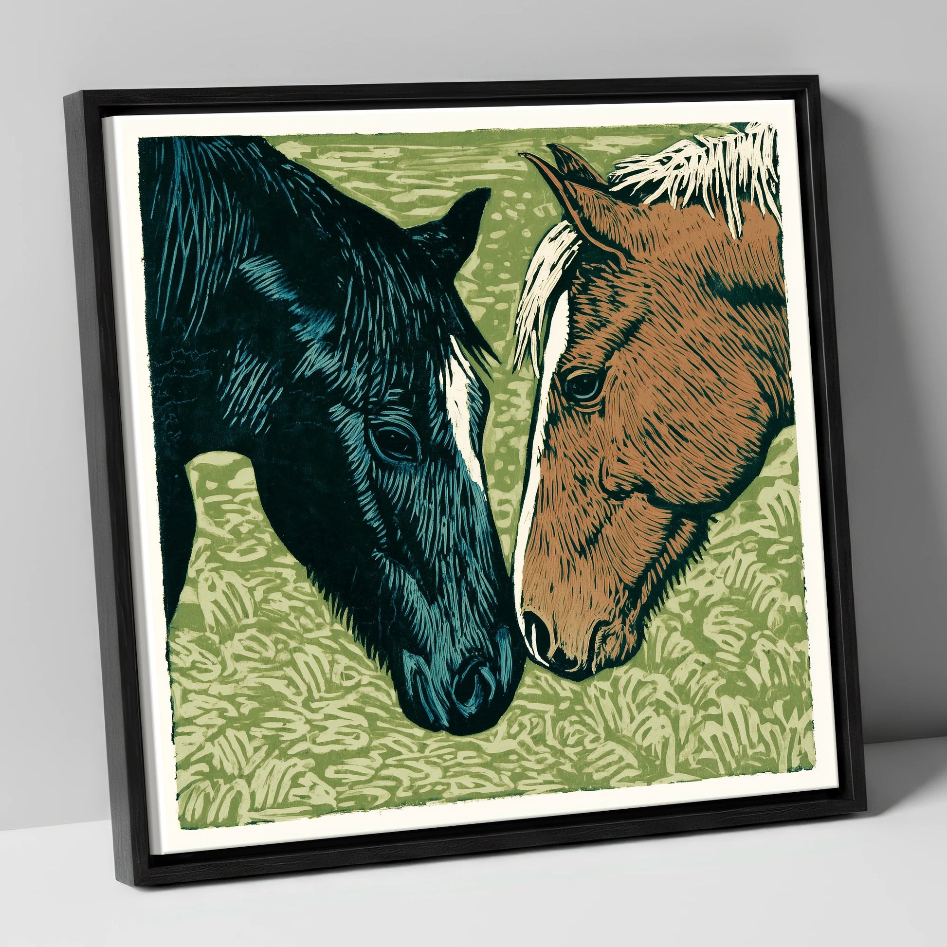 Gentle Greeting horse portrait canvas wall art in black frame