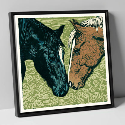 Gentle Greeting horse portrait canvas wall art in black frame