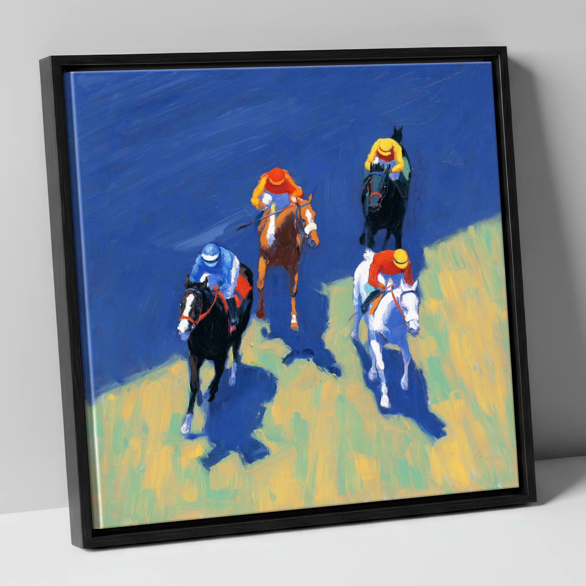 Turf Shadows racing horse canvas wall art in black frame