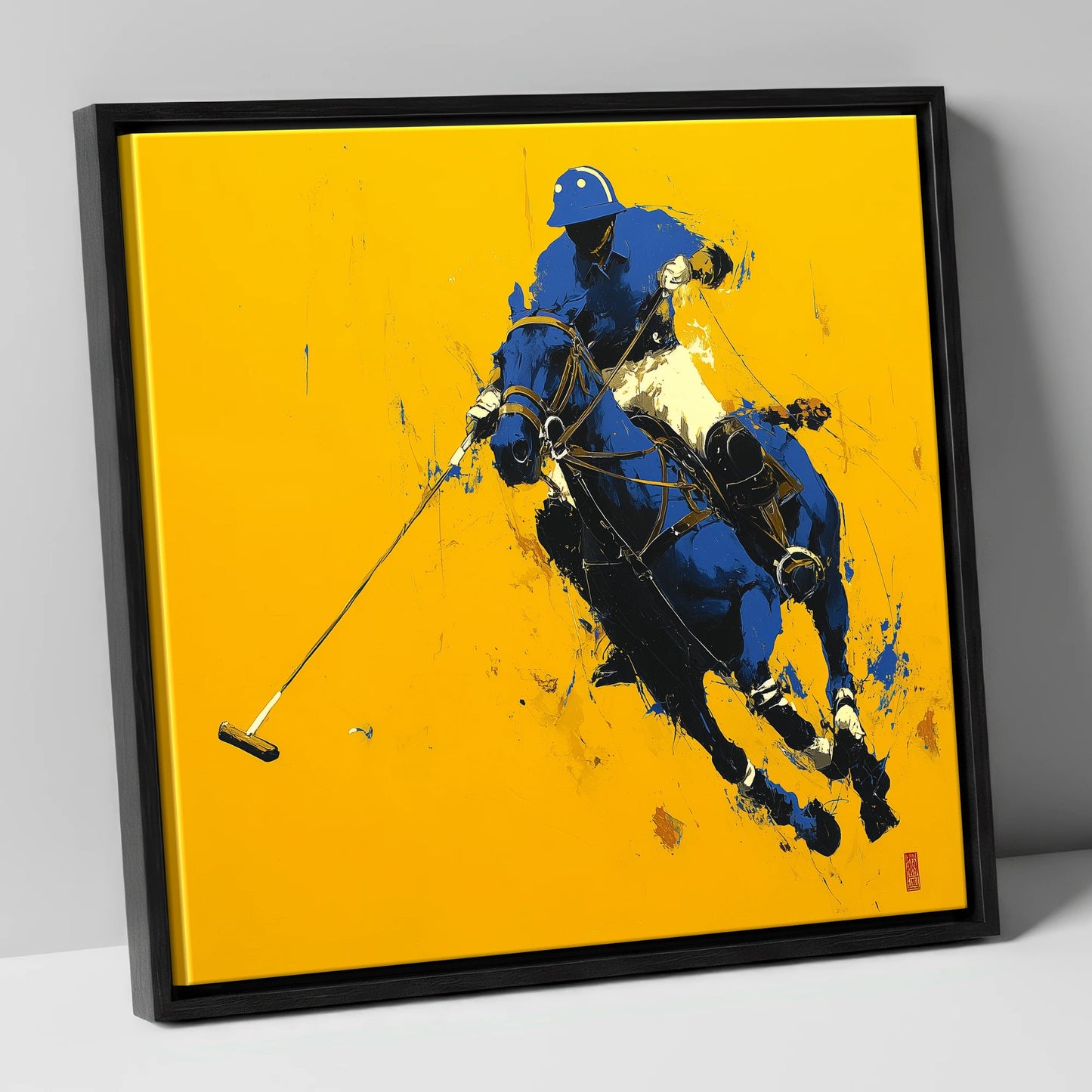 Cobalt Chukka polo horse canvas wall art in black frame