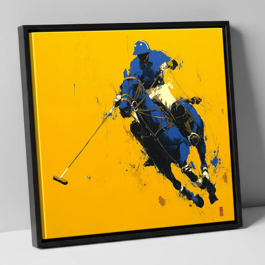 Cobalt Chukka polo horse canvas wall art in black frame