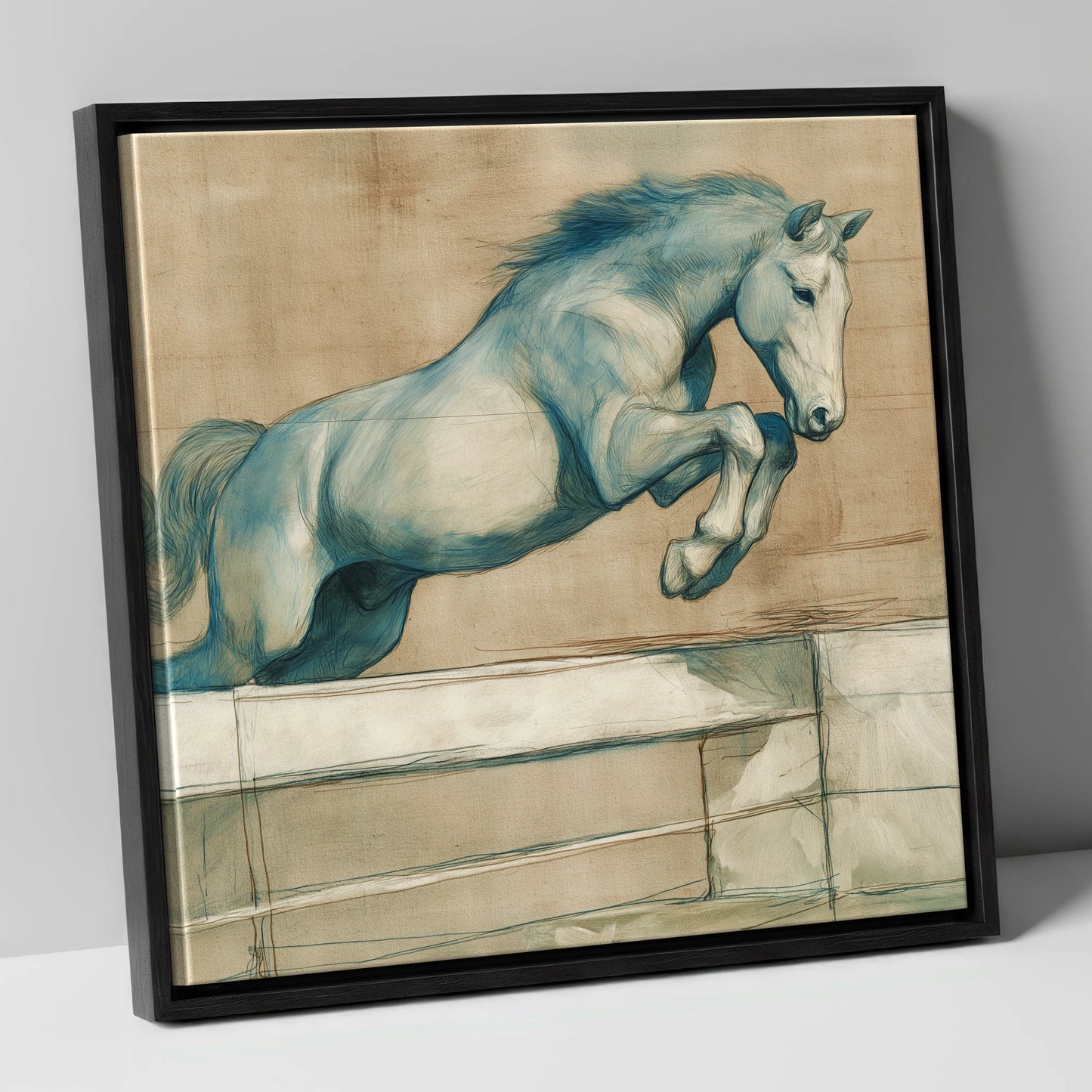 Airborne Grace show jumping horse canvas wall art in black frame