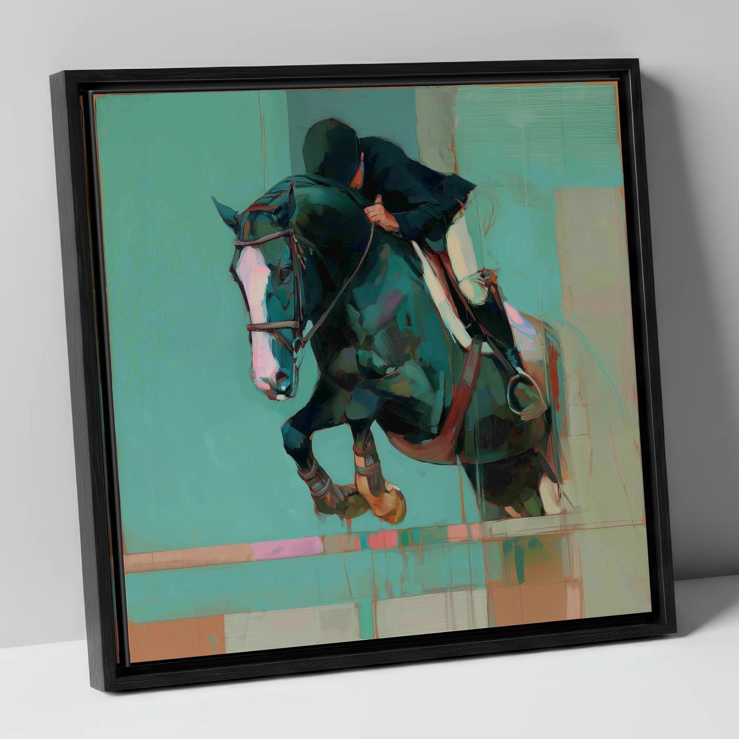 Suspended in Teal show jumping horse canvas wall art in black frame