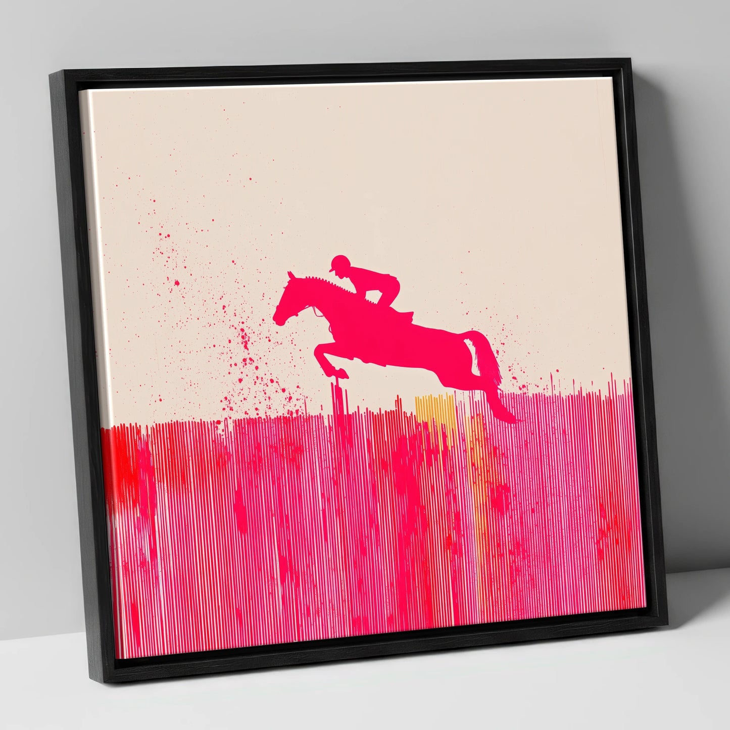 Vibrant Magenta Leap show jumping horse canvas wall art in black frame
