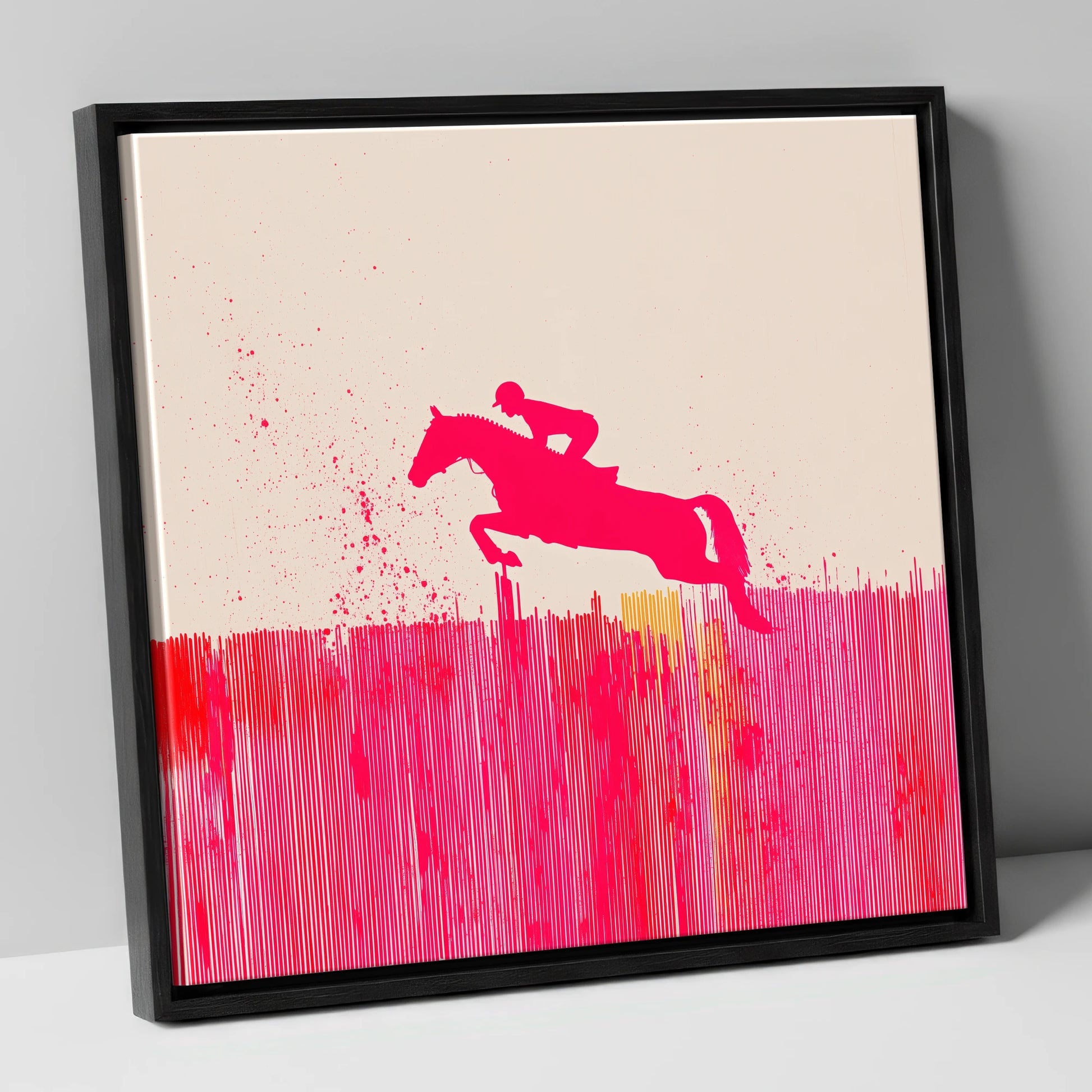 Vibrant Magenta Leap show jumping horse canvas wall art in black frame