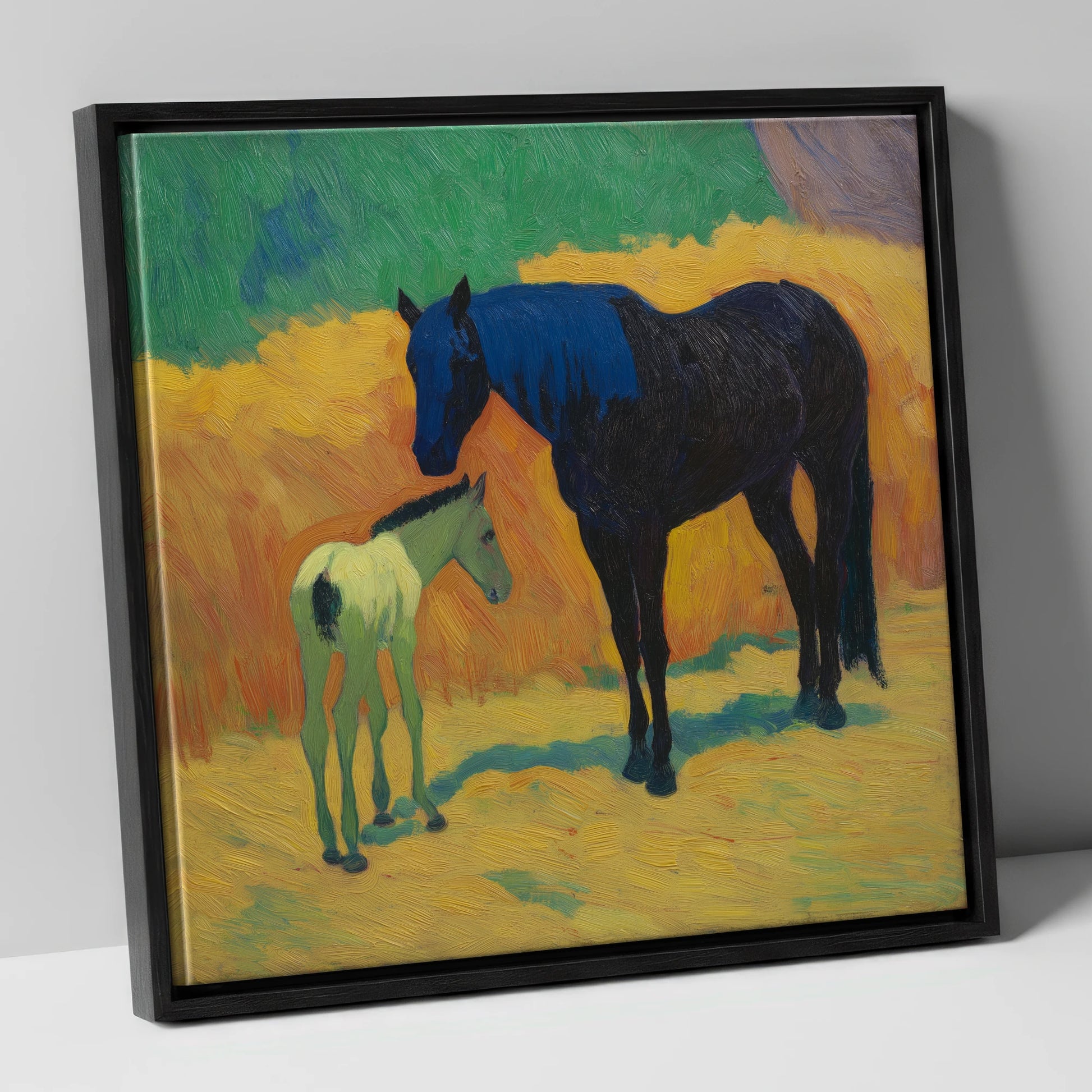 Radiant First Steps mare & foal canvas wall art in black frame