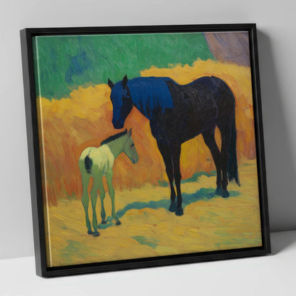 Radiant First Steps mare & foal canvas wall art in black frame