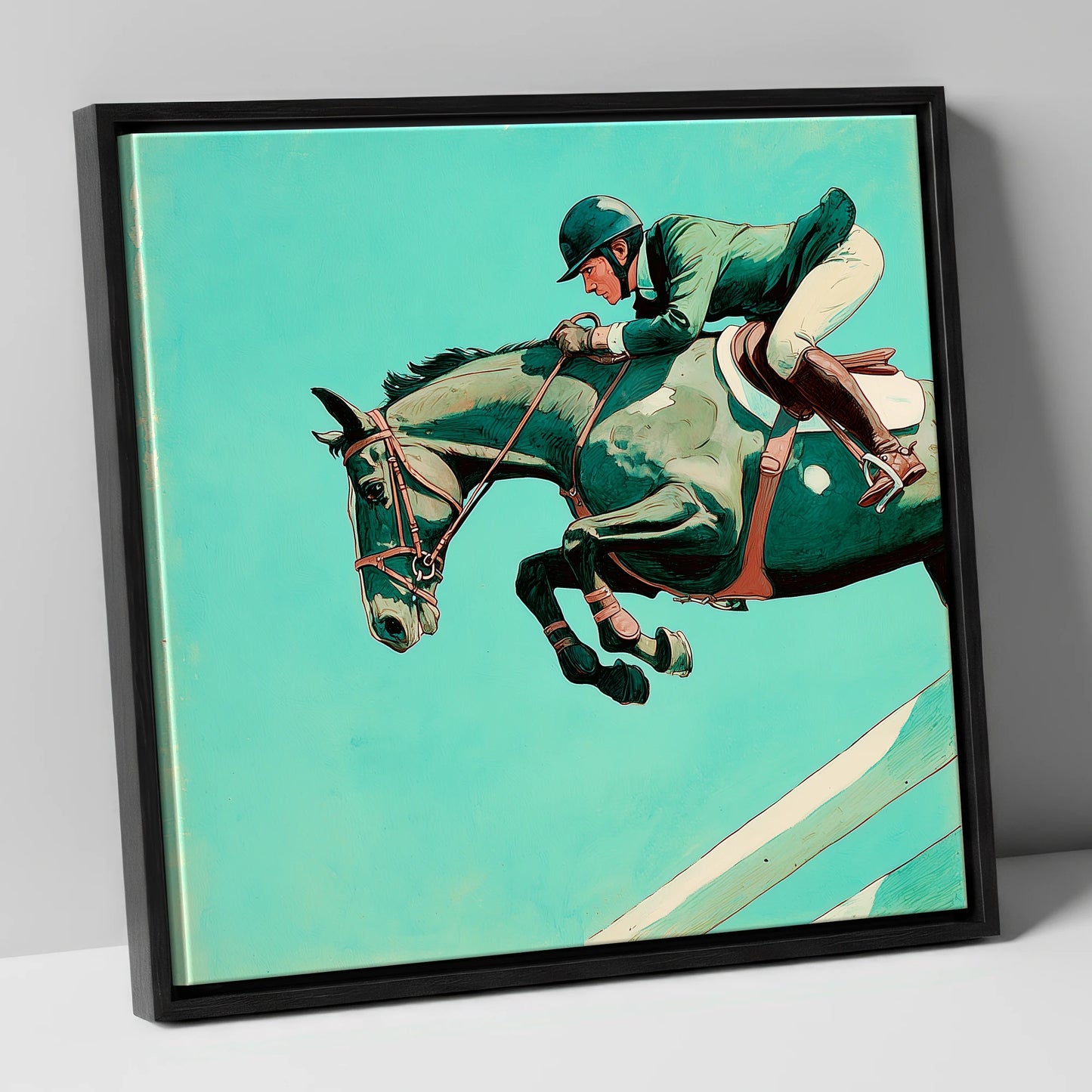 Mid-Air Mastery show jumping horse canvas wall art in black frame