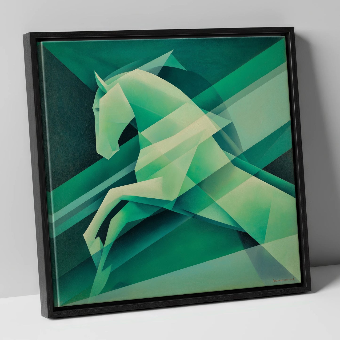 Emerald Geometric Leap show jumping horse canvas wall art in black frame