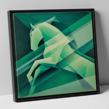 Emerald Geometric Leap show jumping horse canvas wall art in black frame