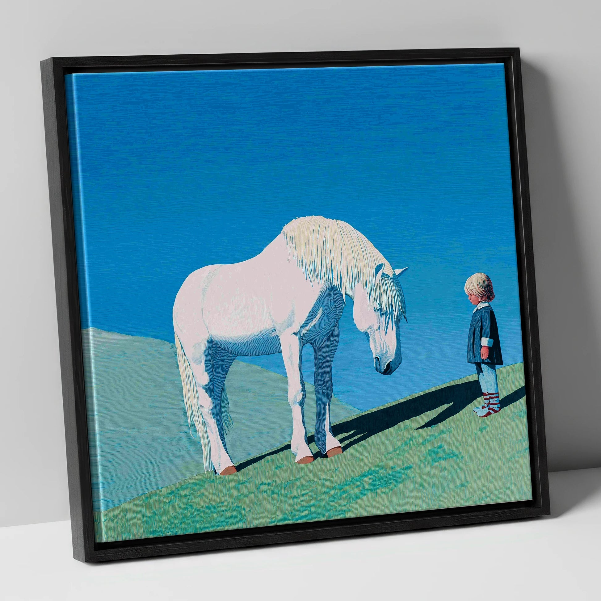 The Gentle Meeting horse & rider canvas wall art in black frame