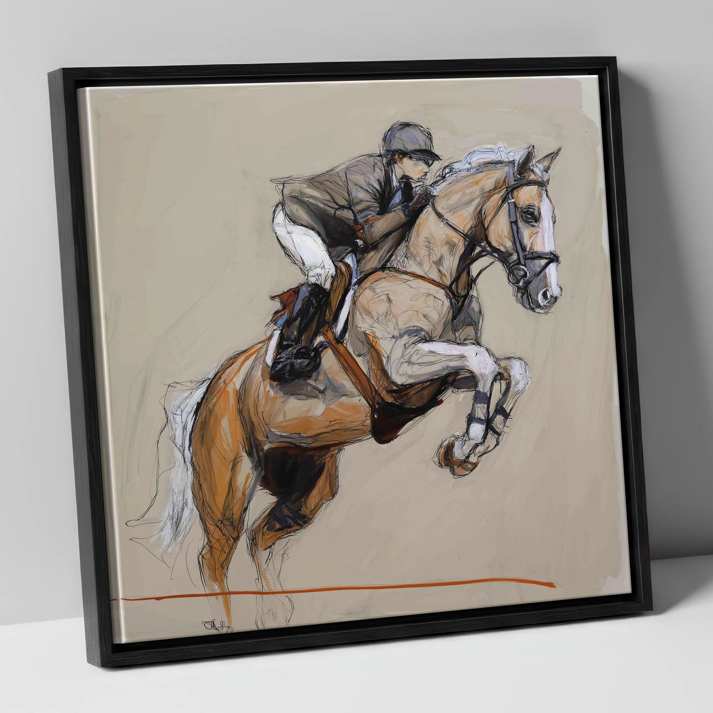 Moment of Flight show jumping horse canvas wall art in black frame