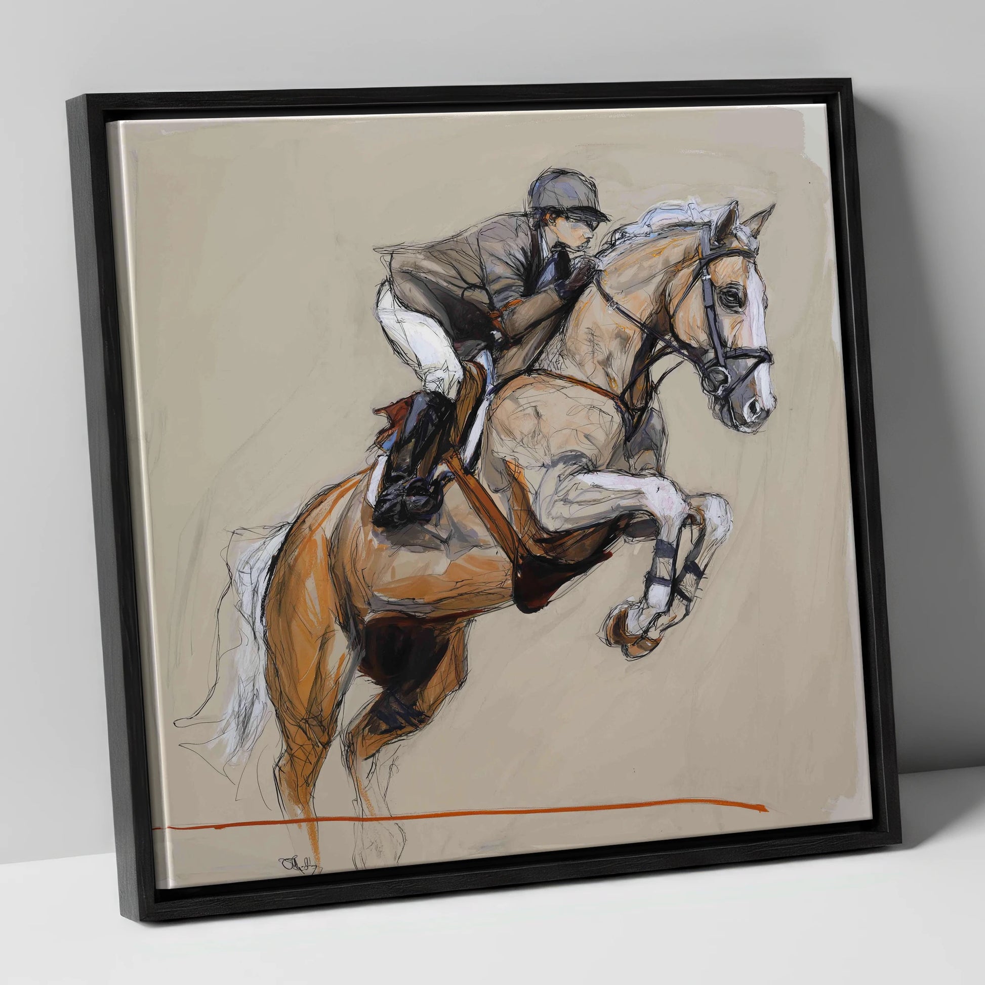 Moment of Flight show jumping horse canvas wall art in black frame