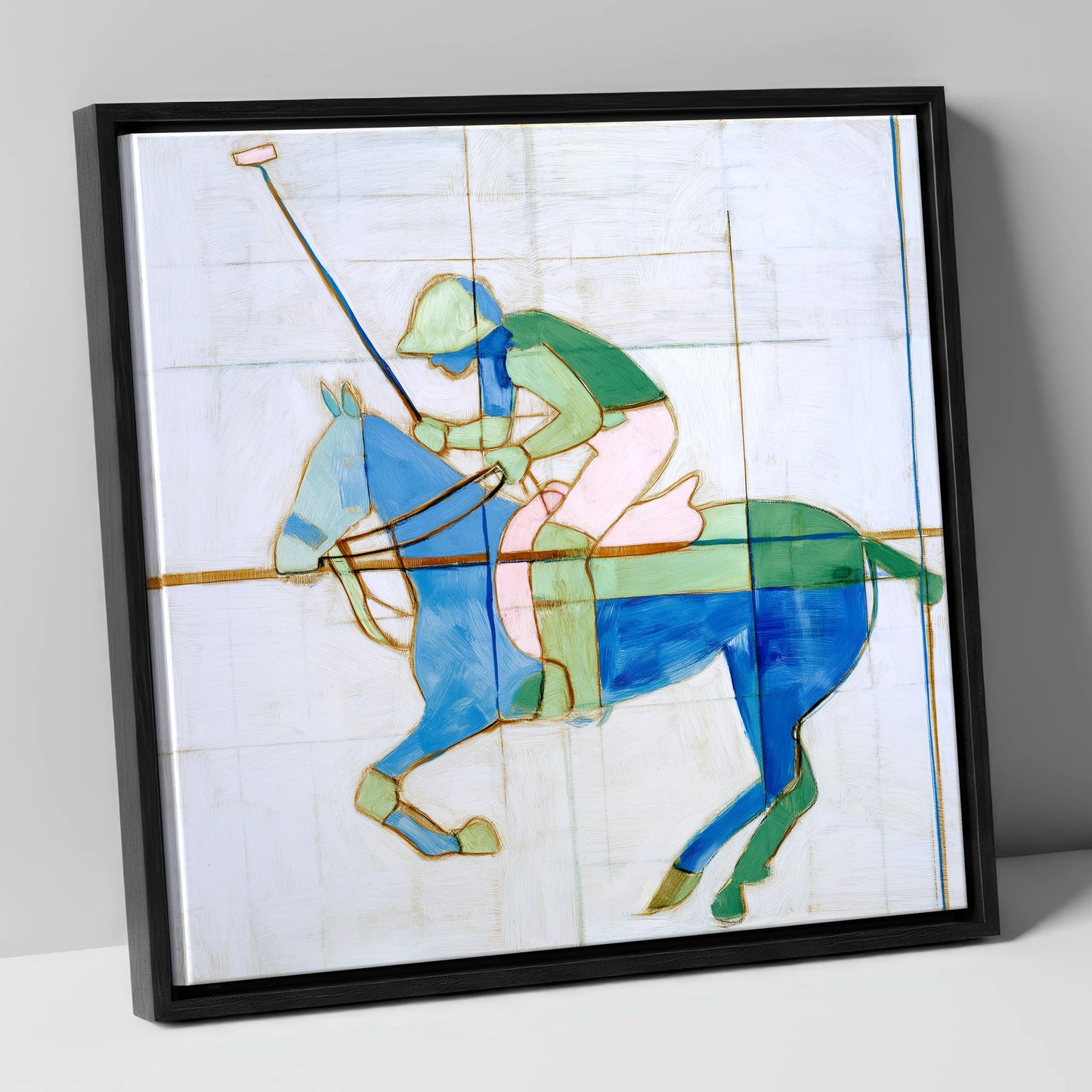 Azure Polo Rhythms polo horse canvas wall art in black frame