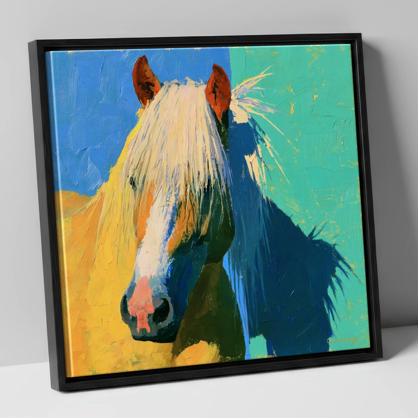 Vibrant Palomino Horse Portrait horse breed canvas wall art in black frame