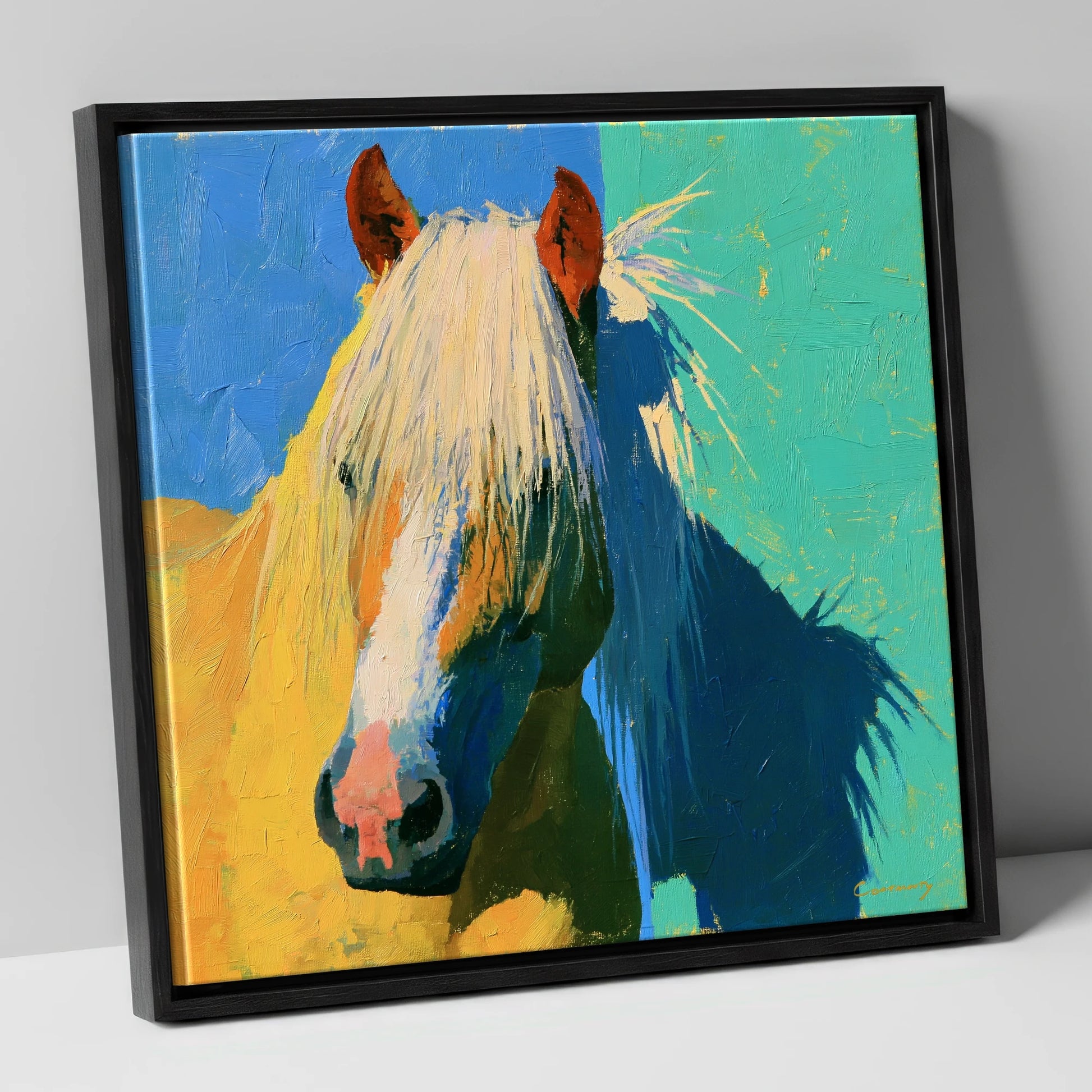 Vibrant Palomino Horse Portrait horse breed canvas wall art in black frame