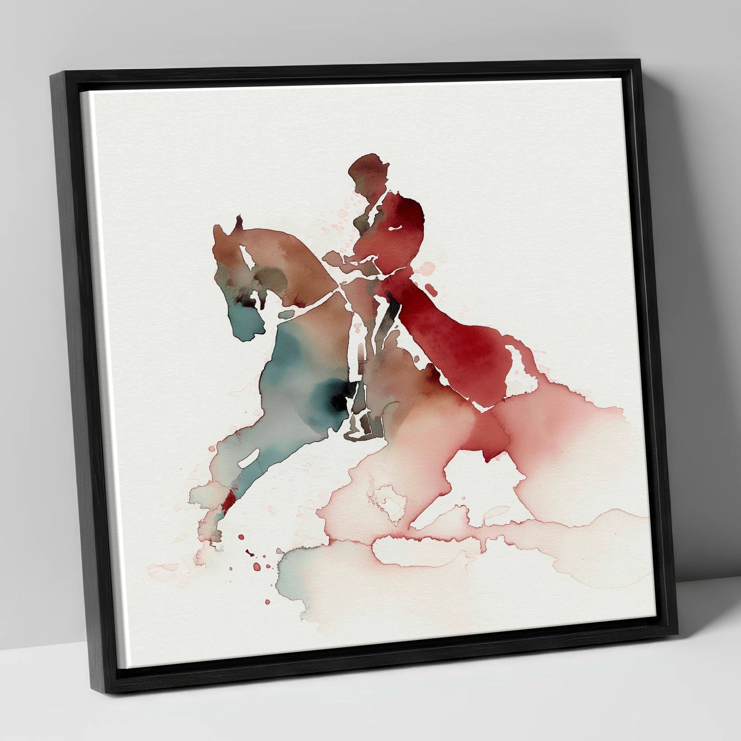 Crimson Passage dressage horse canvas wall art in black frame