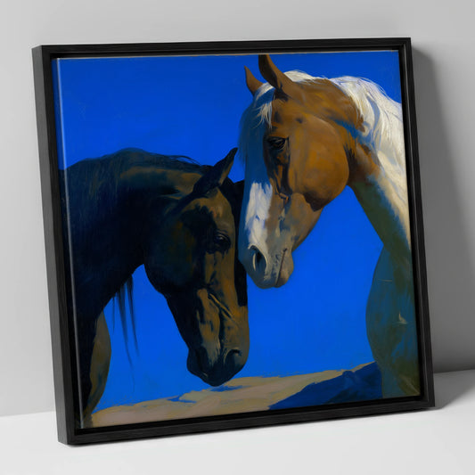 Sunlit Companions horse portrait canvas wall art in black frame