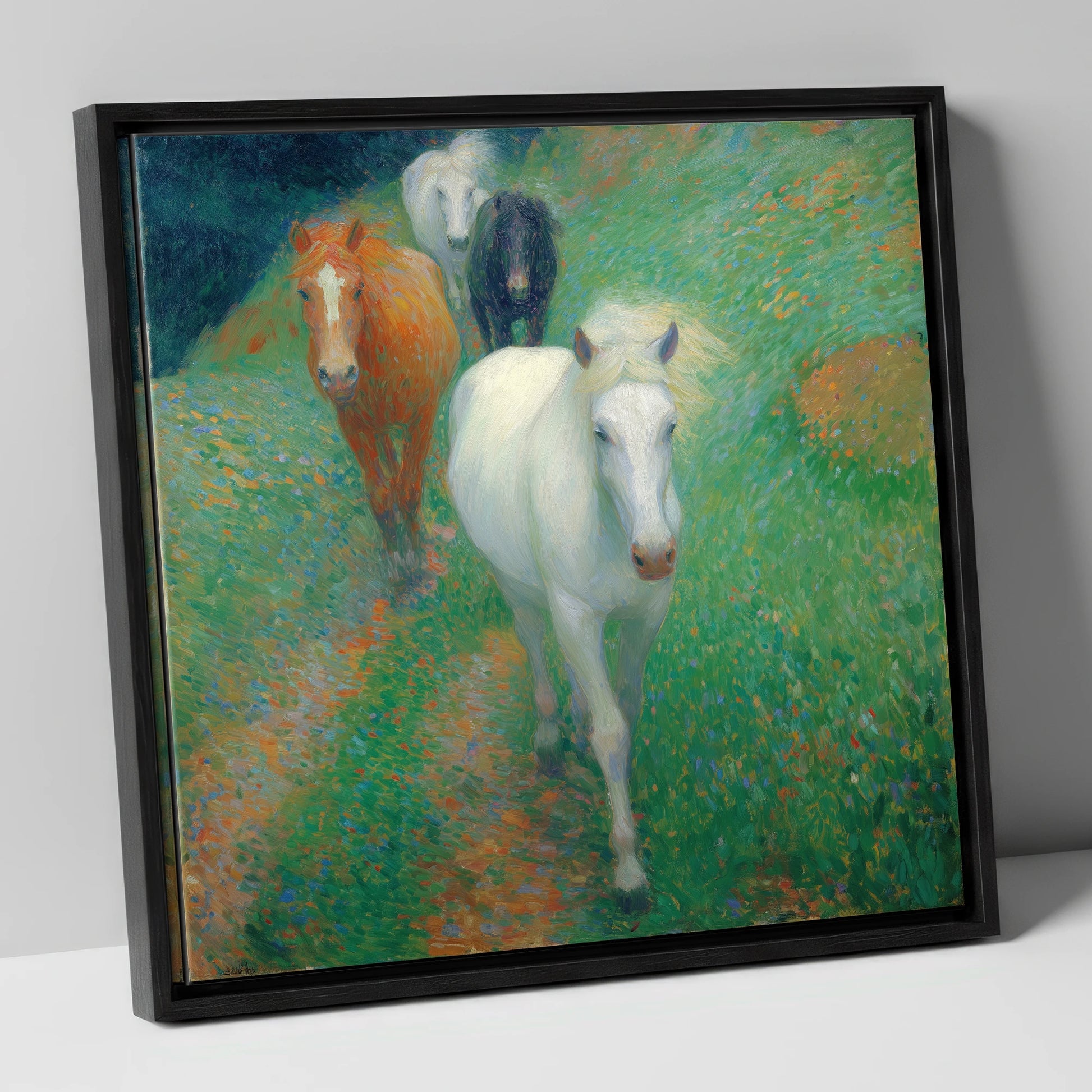 Vibrant Summer Herd horse landscape canvas wall art in black frame