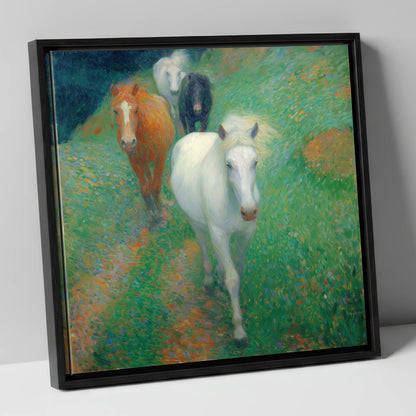 Vibrant Summer Herd horse landscape canvas wall art in black frame
