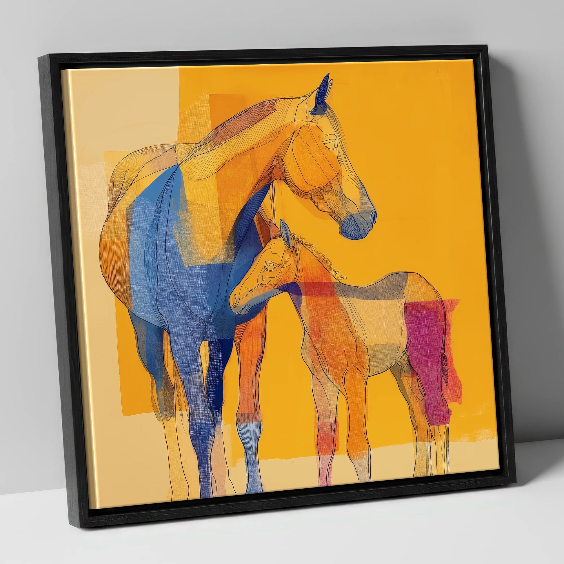 Vibrant Amber Kinship mare & foal canvas wall art in black frame