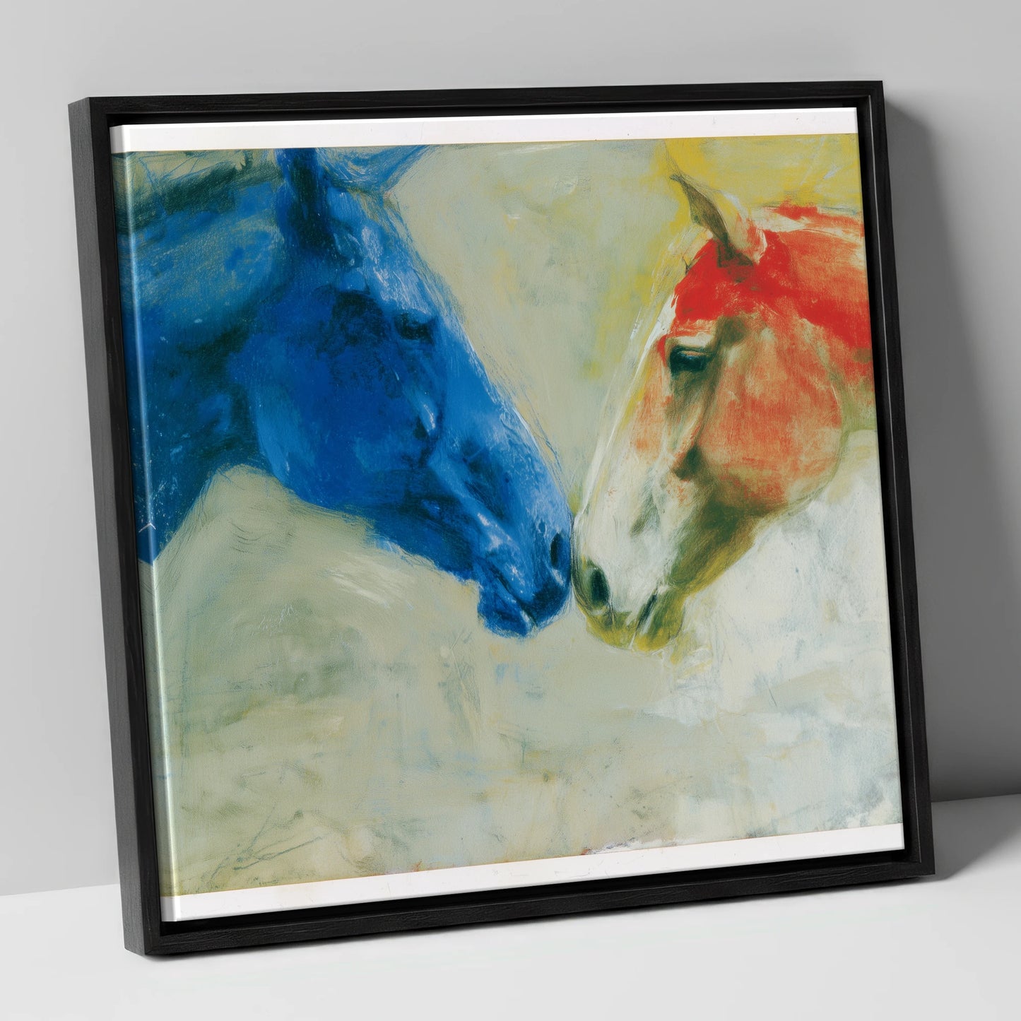 Cerulean and Crimson Bond horse portrait canvas wall art in black frame