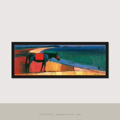 The Painted Shore Horse Landscape panoramic canvas wall art in black float frame