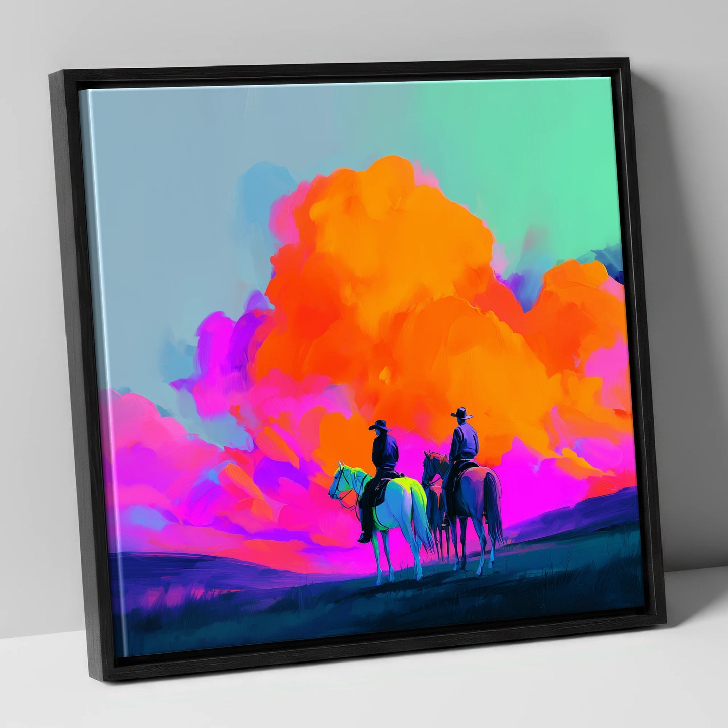 Vivid Western Horizon horse landscape canvas wall art in black frame