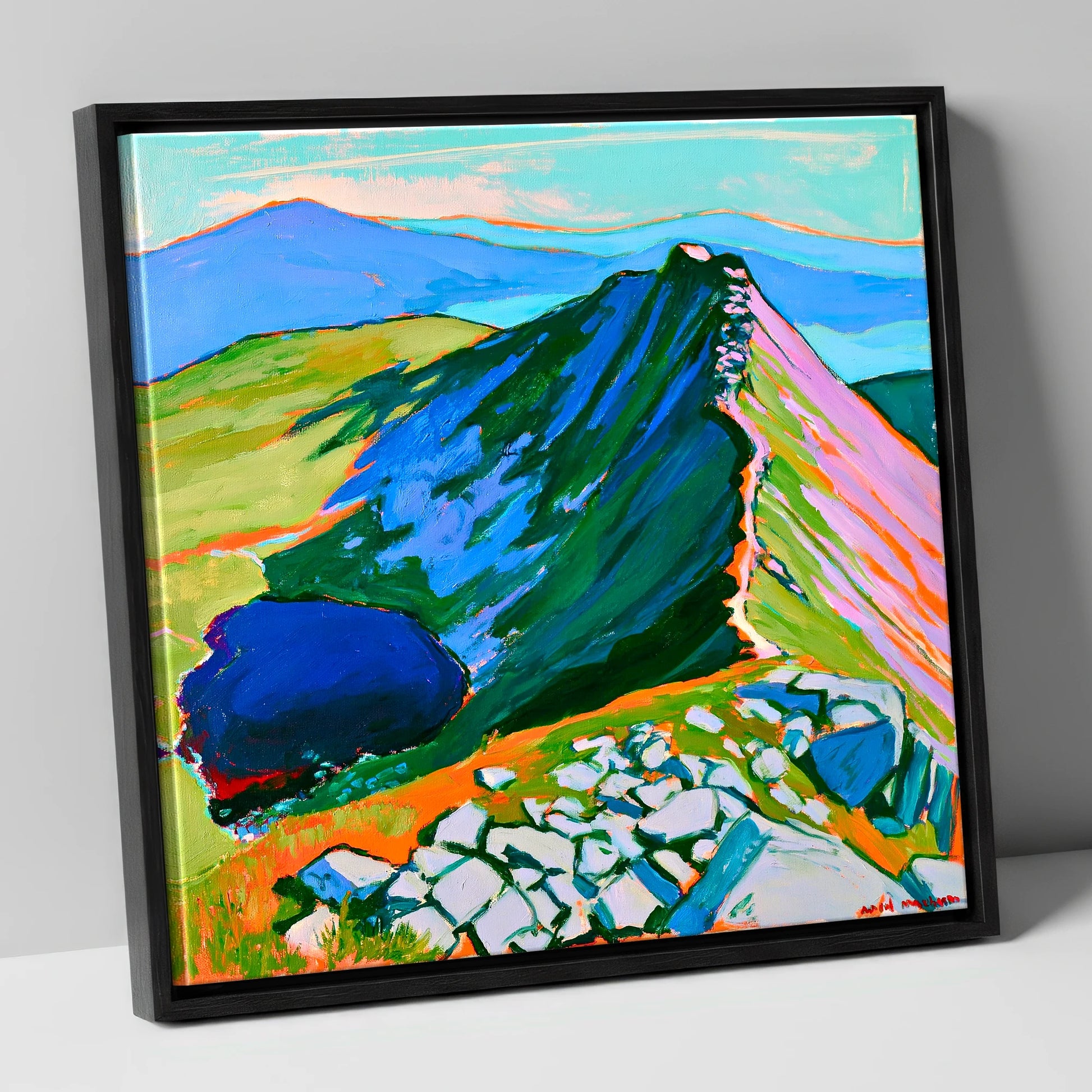 Vibrant Mountain Ridge And Tarn horse landscape canvas wall art in black frame