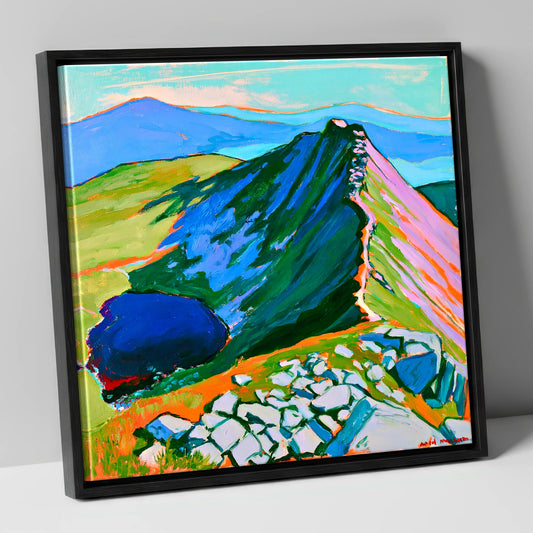 Vibrant Mountain Ridge And Tarn horse landscape canvas wall art in black frame