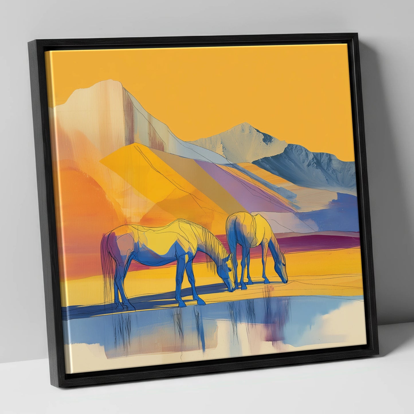 Golden Mountain Pasture horse landscape canvas wall art in black frame