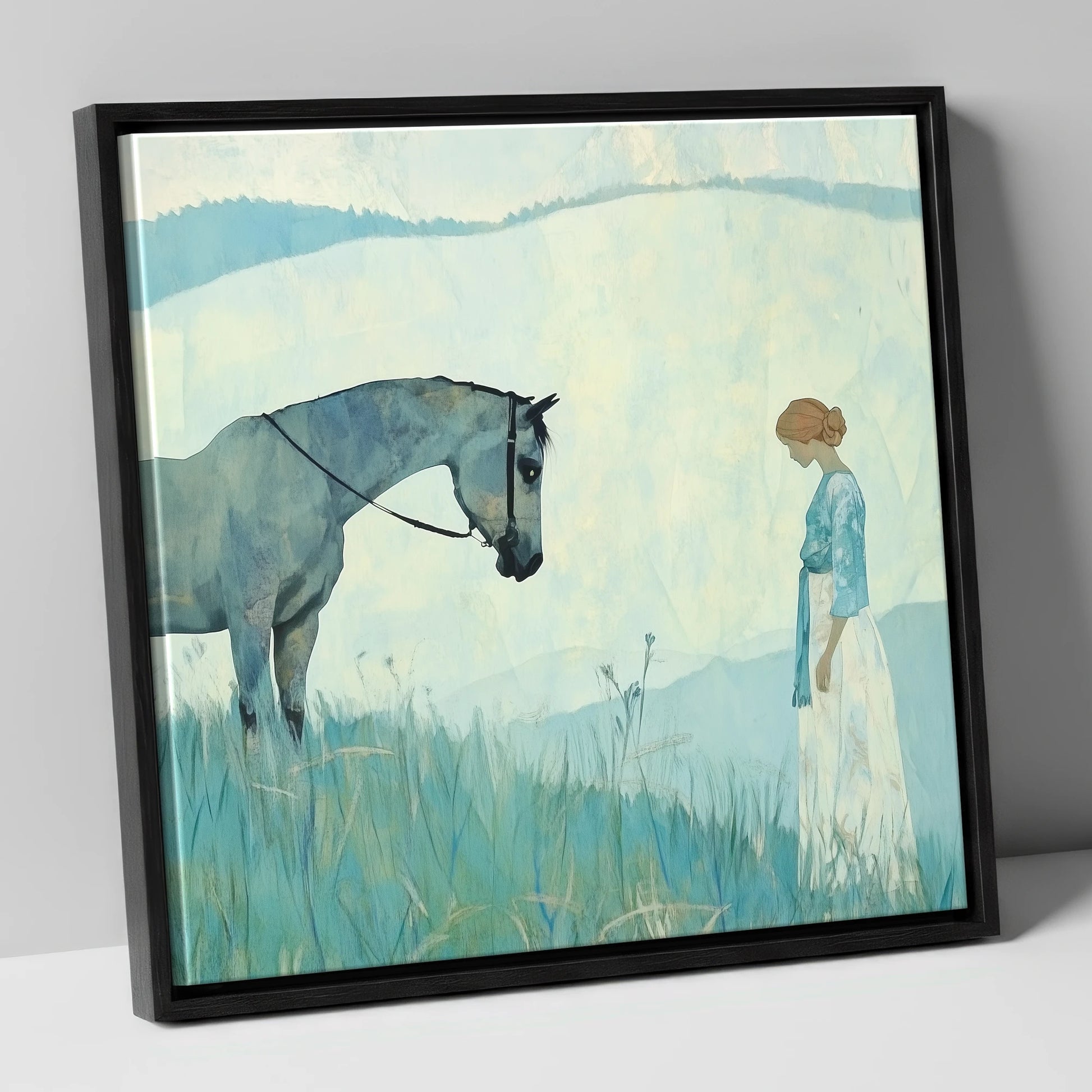 Gentle Regard horse & rider canvas wall art in black frame