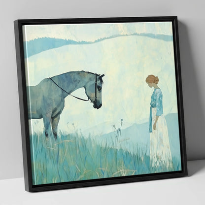Gentle Regard horse & rider canvas wall art in black frame
